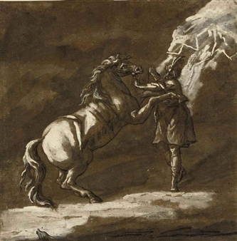A Turk with his horse, forked lightning in the sky - John Michael Rysbrack