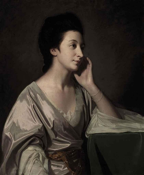 Portrait of Mrs John Gathorne, half-length, in a silver gown, her left elbow resting on a table by George Romney