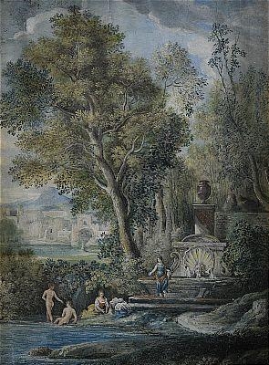 Pastoralt landskap med badande nymfer by German School, 18th Century, 1700