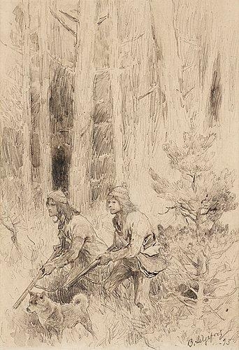 Forest landscape with hunters by Bruno Liljefors, 1893