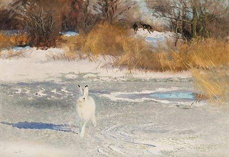 Winter landscape with hare and hounds by Bruno Liljefors, 1922