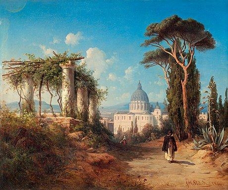 Walking figures in the outskirts of Rome with the St. Peter's Basilica in the background by Joseph Magnus Stäck, 1860