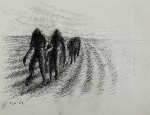 Artwork by John Biggers, Three Workers in a Field, Made of Charcoal