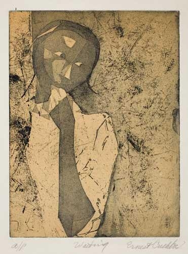 Artwork by Ernest Crichlow, Waiting, Made of Etching and aquatint, printed in orange and black, on cream wove paper