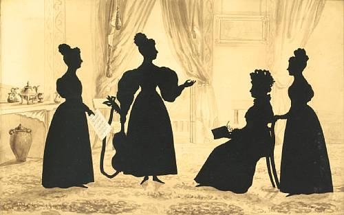 silhouette conversation piece, depicting four Ladies in an interior by Augustin Amant Constant Fidèle Edouart, 1831