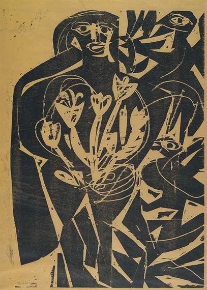 Schwarze Figur mit Tulpen