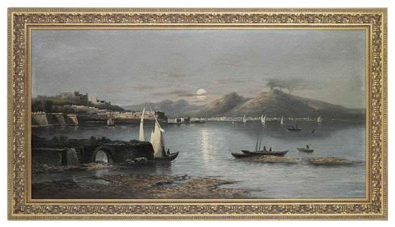 The bay of Naples by moonlight, with the Vesuvius and Etna beyond by R. Gould
