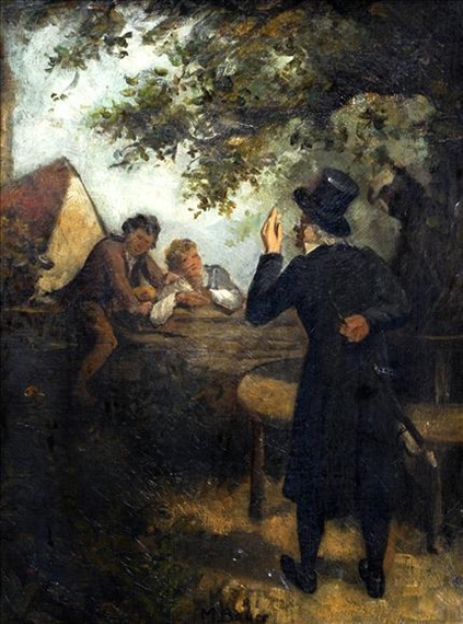 "Caught in the act", the village parson catching two boys climbing a wall by M. Bauer