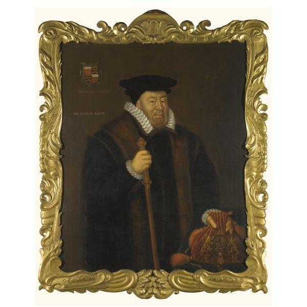 British School, 17th Century Portrait of Sir Nicholas Bacon holding his rod of office and the