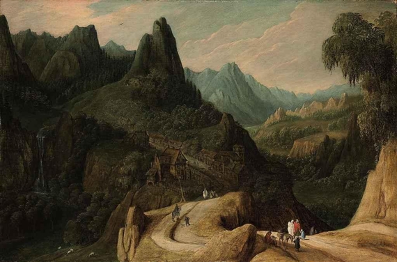 A mountainous landscape with travellers on a track by Tobias Verhaecht, 1615