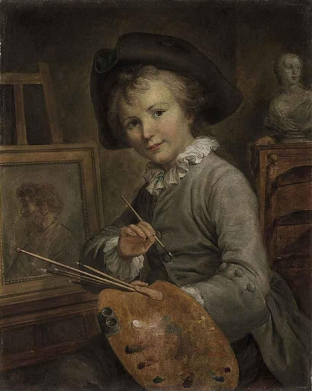 Portrait of a young boy, three-quarter-length, seated at an easel, a classical bust behind by François-Hubert Drouais