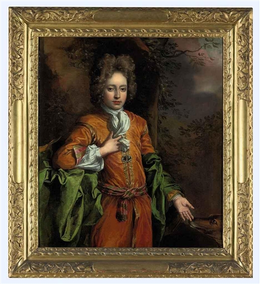 Portrait of a boy, three-quarter-length, in Eastern dress, in a wooded landscape, with a hound by John Closterman