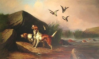 Otter hounds and ducks - Colin Graeme Roe