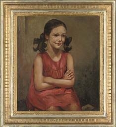 Portrait of a young girl, seated half-length, in a red dress - A. Hagel