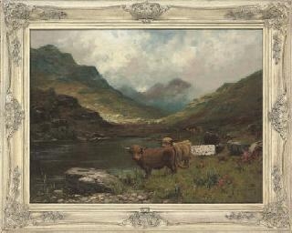 Highland cows beside a loch by Thomas Hope Mckay