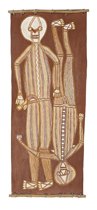 Artwork by Bluey Ilkarr Gunjinji, LUMAH LUMAH AND HIS WIFE, Made of natural earth pigments on eucalyptus bark