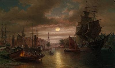 “The Werterdok in Amsterdam in the Moonlight”, by Elias Pieter van Bommel, 1886