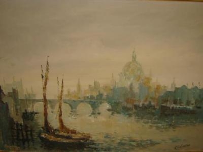 Artwork by John Kirkness, Boats on the Thames, St Paul's in the background, Made of oil on canvas