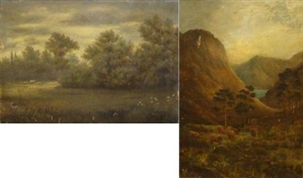2 Works: Sheep Grazing in a Wooded Landscape & Highland Cattle - J. Sheards