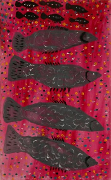 Artwork by Mary Leahy, Barramundi and Baitfish, Made of acrylic on canvas