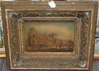 Figures and trams before a grand building, thought to be Paris - L. Sorbony