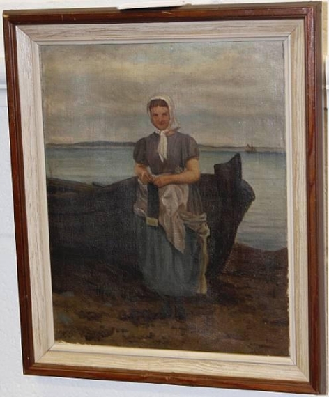 A fisher girl standing before a boat by Swedish School, 19th Century