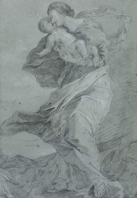 Artwork by German School, 18th Century, Virgin and Child, Made of Black chalk with white chalk heightening on blue laid paper