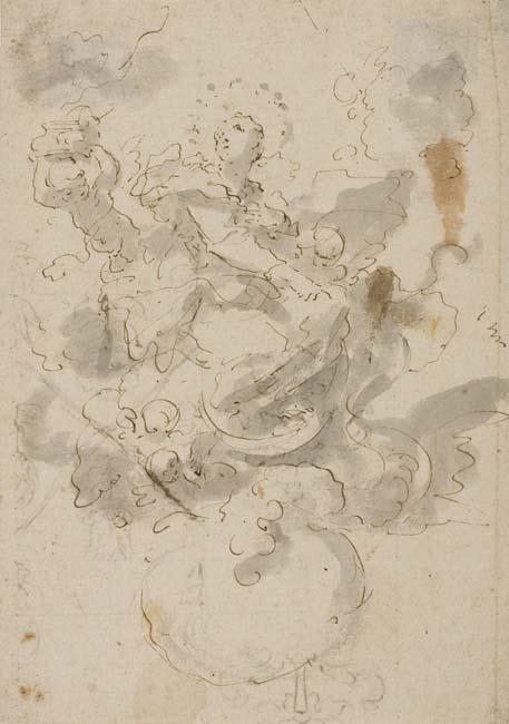 Artwork by German School, 18th Century, A Seated Saint in a Cloud, Made of Pen and brown ink and gray wash on cream laid paper