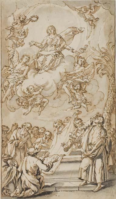 Artwork by German School, 18th Century, The Assumption of the Virgin, Made of Pen and dark brown ink and brown and gray wash on cream laid paper