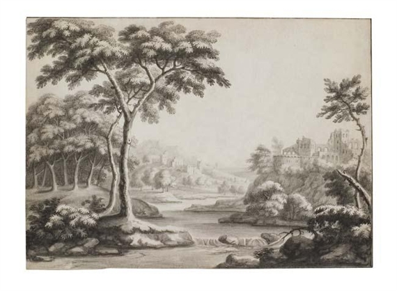 Two landscape drawings: Landscape with Castle Ruins in the Distance * Landscape with a Wooden Bridge over a River by German School, 18th Century, 18th century