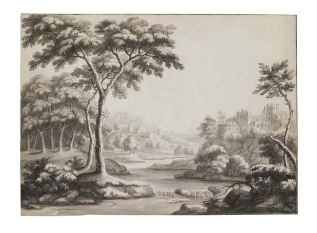 Artwork by German School, 18th Century, Two landscape drawings: Landscape with Castle Ruins in the Distance * Landscape with a Wooden Bridge over a River, Made of pen and ink on vellum