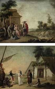 2 works: An elegant couple dancing the bolero; Elegnat figures in a landscape by José Camarón y Boronat