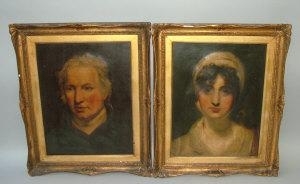 Two works: Portrait of a gentleman, head and shoulders wearing a dark coat and white stock; Portrait of young woman, head and shoulders wearing a red dress and white bonnet by George Romney