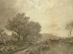 Figures crossing a canal with woodland by George Sheffield, 1883