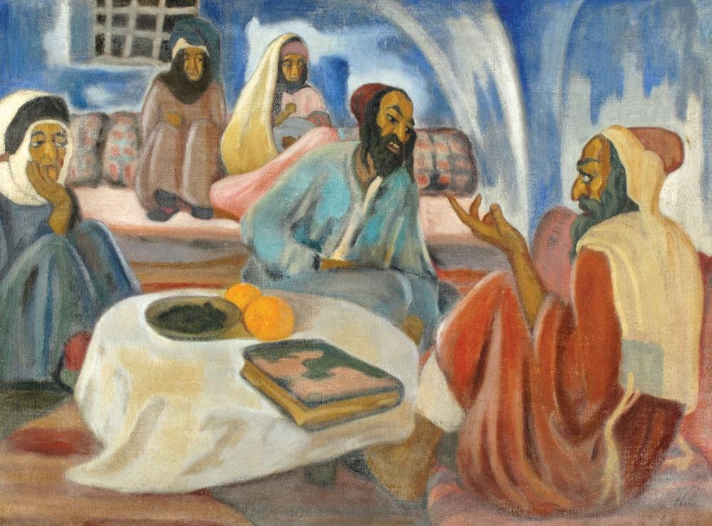 Artwork by Shmuel Levy Ophel, Shabbat Conversations, Made of Oil on canvas