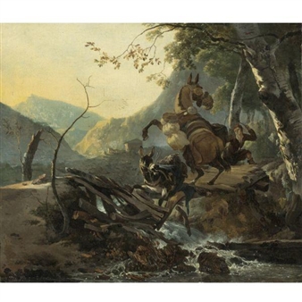 Italianate Landscape with a Donkey and a Rearing Horse Crossing a Collapsing Bridge Picture