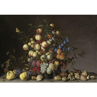 Peaches, Plums, Oranges, Apples, Cherries, Grapes, Red Currants, Black Currants, Crab Apples and Other Fruit in a Pewter Vase, with a Red Admiral, a Dragonfly and Other Insects, with Grapes and Other Fruit, Seashells, a Lizard, a Caterpillar and a Wasp on a Ledge - Balthasar van der Ast