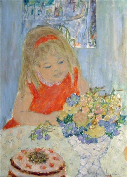 YOUNG GIRL AND VASE OF FLOWERS by Jocelyne Seguin