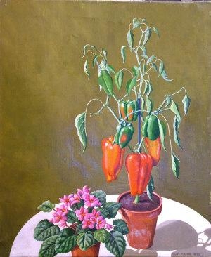 Artwork by Ula Paine, Potted pepper plant on a table, Made of oil on canvas