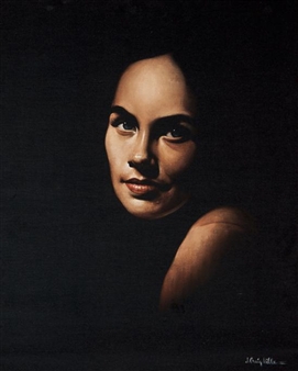 A dramatic portrait of a woman with intense eyes, rendered in deep shadows and warm highlights.