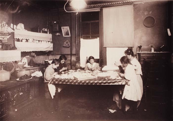 2 Works: Family working and Family engaged in homework by Lewis Hine, Circa 1910