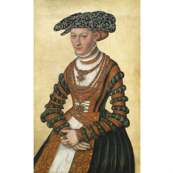 Portrait of a Lady, Three-Quarter Length, In a Green Velvet and Orange Dress and a Pearl-Embroidered Black Hat by Lucas Cranach the Younger