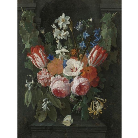Still Life of a Swag of Flowers in front of a Stone Niche by Nicolaes van Veerendael