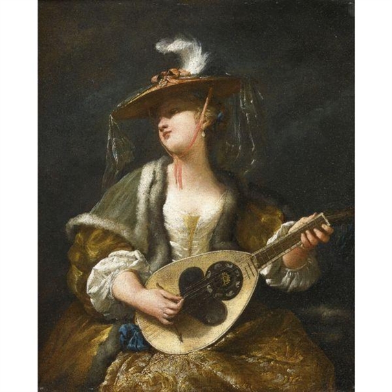 A Lady playing a mandolin by Jean Barbault