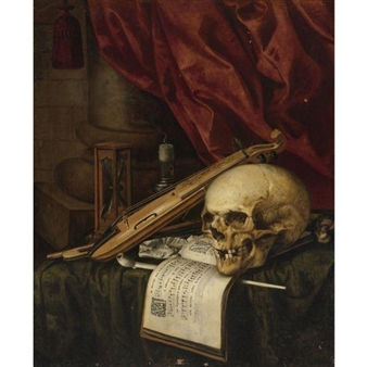 A Vanitas Still Life with a Skull, A Violin, a Musical Score, a Pipe and Tobacco, an Hourglass and a Candle on a Draped Table - Simon Renard de Saint-Andre