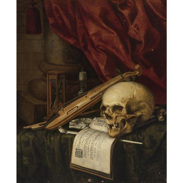 Artwork by Simon Renard de Saint-Andre, A Vanitas Still Life with a Skull, A Violin, a Musical Score, a Pipe and Tobacco, an Hourglass and a Candle on a Draped Table, Made of oil on canvas