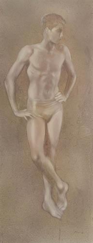 Artwork by Robert R. Bliss, Boy Standing with Legs Crossed, Made of Oil on masonite