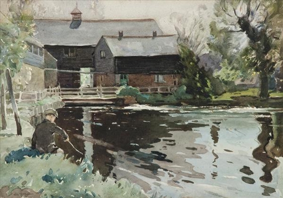 Edwin Byatt | Boy fishing in a mill pond | MutualArt