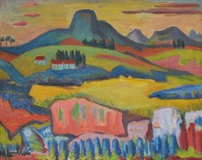 Artwork by Maggie Laubser, Landscape with Homestead, Made of Oil on Board