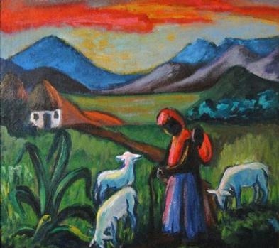 Pastoral Scene with Woman, Infant and Lambs